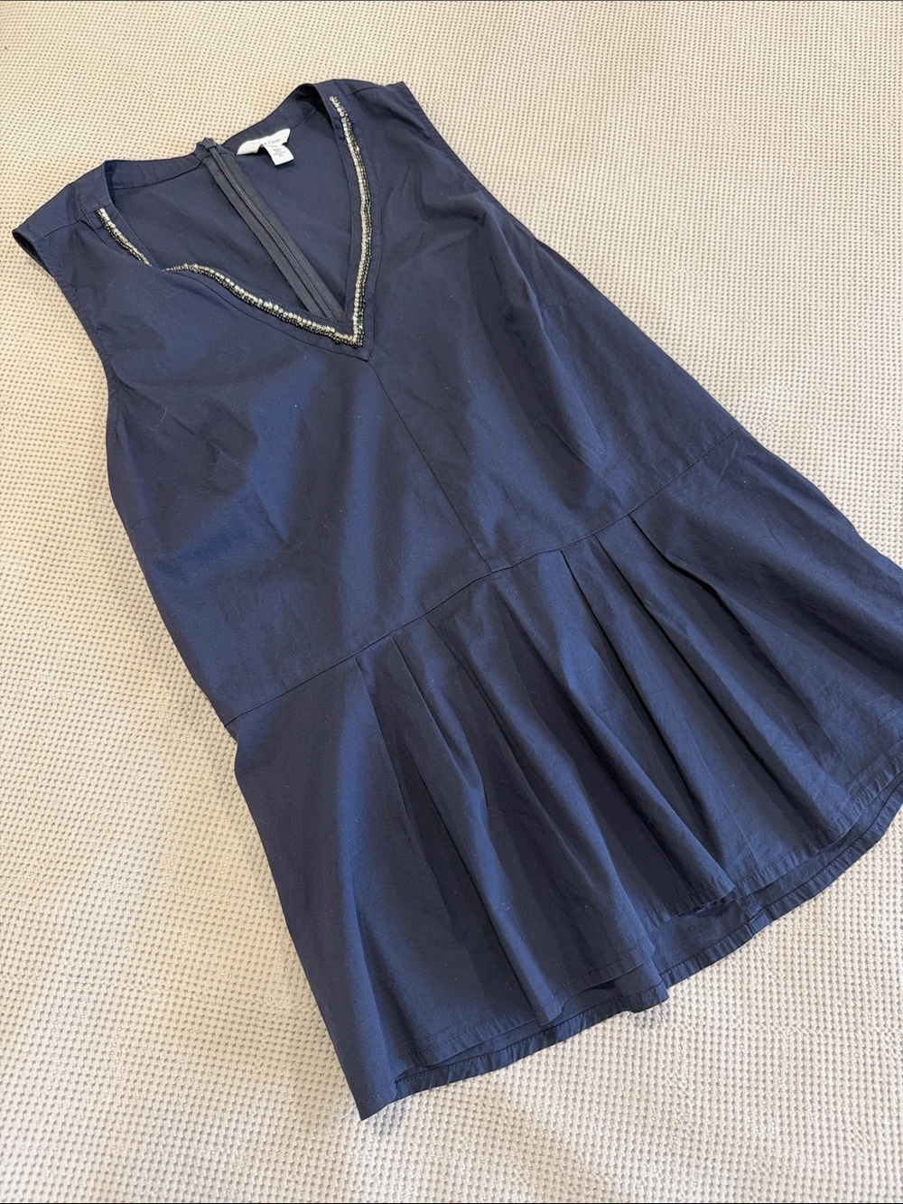 Navy Beaded V-Neck Sleeveless Top